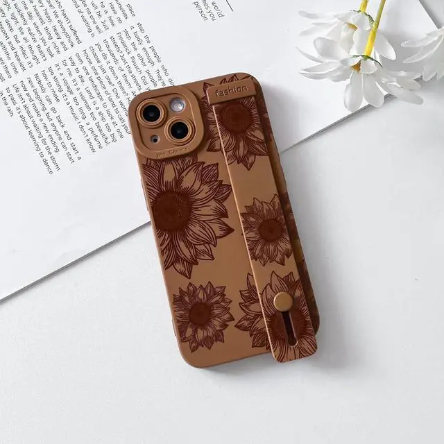 Alt view image 2 of 7 - Compatible with iPhone 14 Case with Strap Flower - Brown | Cute Sunflower Floral with wrist adjustable kickstand For girl woman Slim fit Soft TPU Shockproof