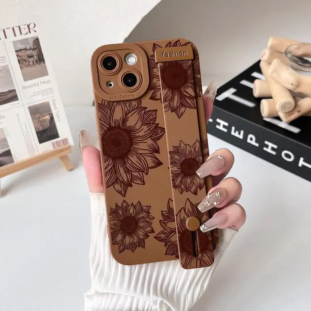 Alt view image 4 of 7 - Compatible with iPhone 14 Case with Strap Flower - Brown | Cute Sunflower Floral with wrist adjustable kickstand For girl woman Slim fit Soft TPU Shockproof