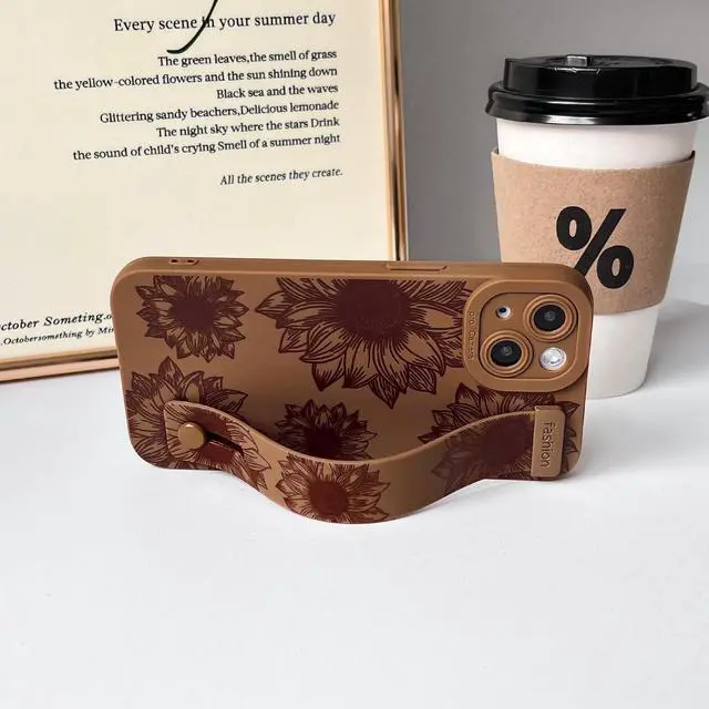 Alt view image 5 of 7 - Compatible with iPhone 14 Case with Strap Flower - Brown | Cute Sunflower Floral with wrist adjustable kickstand For girl woman Slim fit Soft TPU Shockproof