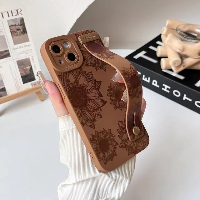 Alt view image 6 of 7 - Compatible with iPhone 14 Case with Strap Flower - Brown | Cute Sunflower Floral with wrist adjustable kickstand For girl woman Slim fit Soft TPU Shockproof