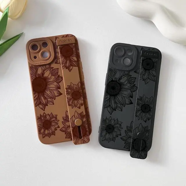Alt view image 7 of 7 - Compatible with iPhone 14 Case with Strap Flower - Brown | Cute Sunflower Floral with wrist adjustable kickstand For girl woman Slim fit Soft TPU Shockproof
