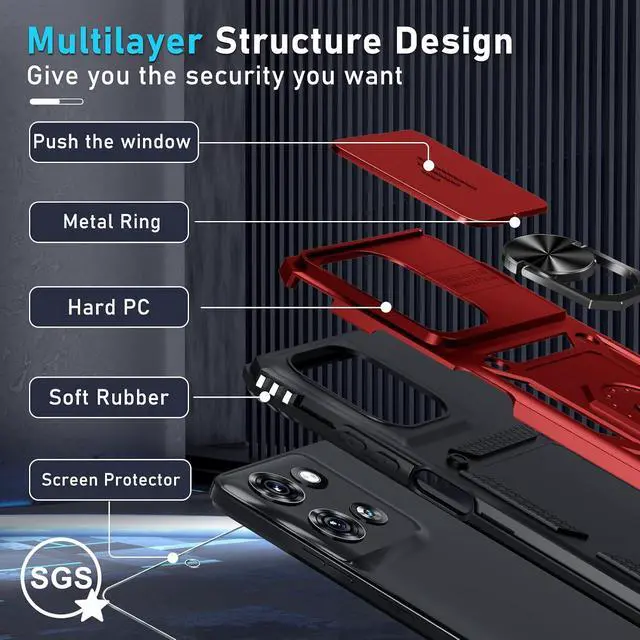 Alt view image 4 of 7 - for Moto G 2026/2025 Case Moto G Play 2026 Case Built in Slide Camera Cover | with Tempered Glass Screen Protector+Finger Ring Holder Kickstand Heavy Duty Shockproof Full Body Phone Cover Red