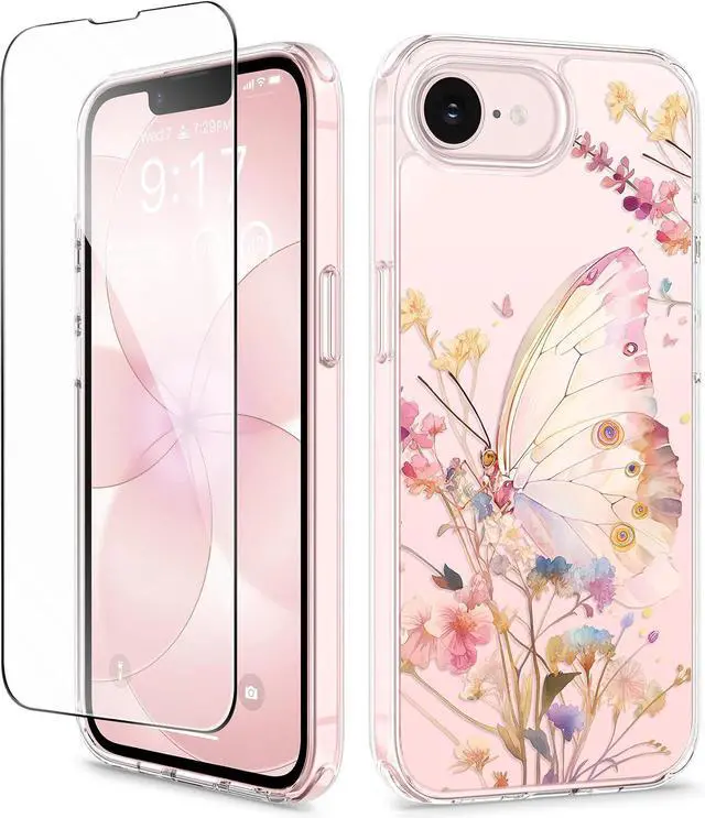 Main image of for iPhone 17e Case & iPhone 16e Case with Screen Protector | Non-Yellowing Military-Grade Protection Hard PC&TPU Bumper Floral Protective Clear Phone Case (Magic Butterfly)