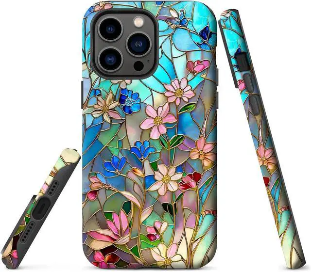 Alt view image 2 of 6 - Case for iPhone 14 for iPhone 13 Stained Glass Bloom Flower Phone Case Drop Resistant Glossy 2 in 1 Solid Dual-Layer Cover for Girl Women