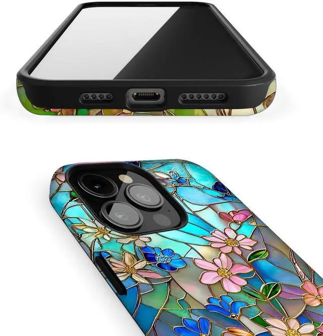 Alt view image 4 of 6 - Case for iPhone 14 for iPhone 13 Stained Glass Bloom Flower Phone Case Drop Resistant Glossy 2 in 1 Solid Dual-Layer Cover for Girl Women