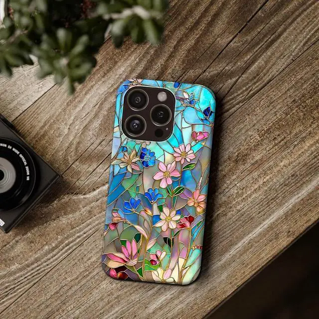 Alt view image 5 of 6 - Case for iPhone 14 for iPhone 13 Stained Glass Bloom Flower Phone Case Drop Resistant Glossy 2 in 1 Solid Dual-Layer Cover for Girl Women