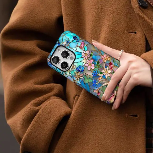 Alt view image 6 of 6 - Case for iPhone 14 for iPhone 13 Stained Glass Bloom Flower Phone Case Drop Resistant Glossy 2 in 1 Solid Dual-Layer Cover for Girl Women