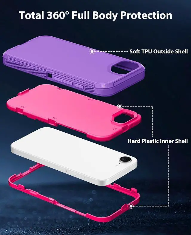 Alt view image 6 of 7 - for iPhone 17e 5G Case Heavy Duty & Rugged Shockproof Purple/Rose | Dual-Layer Armor Back Cover Dustproof Scratch Resistant Anti-Slip Grip Case for iPhone 17e for Outdoor Work Travel Daily Use