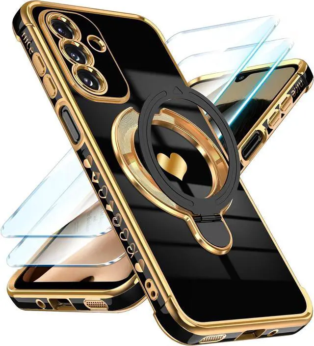 Main image of Cute Plated Gold Phone Case for Galaxy A17/A26 5G - Black | Screen Protector+Ring Metal Kickstand Love Heart Pattern Soft TPU Full Camera Shockproof Protection Cover for Galaxy A17/A26