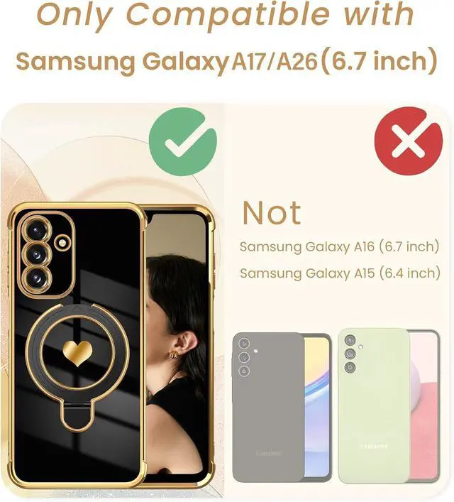 Alt view image 2 of 7 - Cute Plated Gold Phone Case for Galaxy A17/A26 5G - Black | Screen Protector+Ring Metal Kickstand Love Heart Pattern Soft TPU Full Camera Shockproof Protection Cover for Galaxy A17/A26