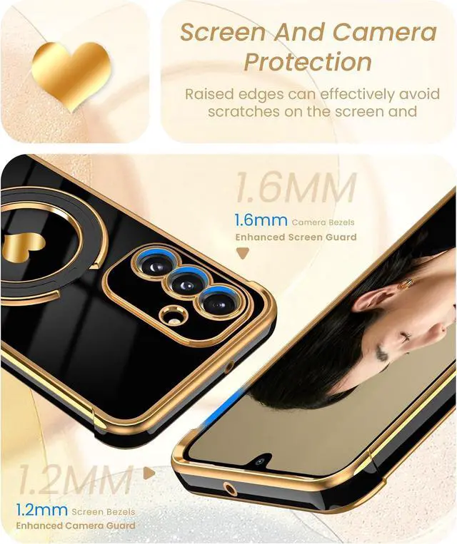 Alt view image 3 of 7 - Cute Plated Gold Phone Case for Galaxy A17/A26 5G - Black | Screen Protector+Ring Metal Kickstand Love Heart Pattern Soft TPU Full Camera Shockproof Protection Cover for Galaxy A17/A26