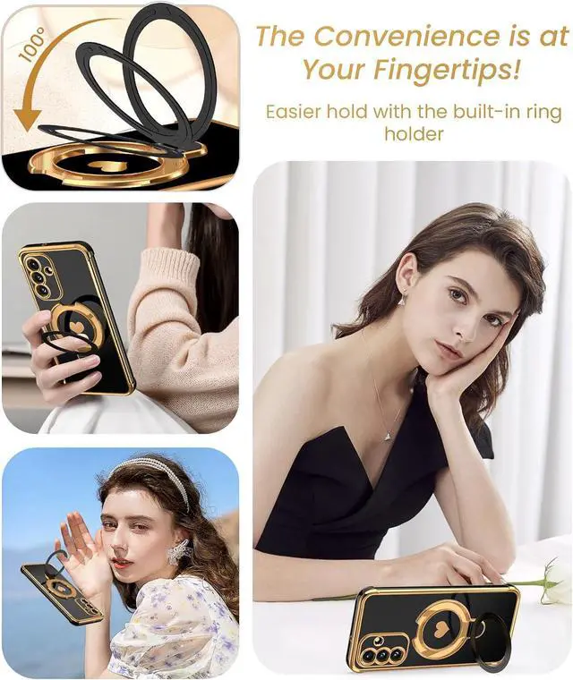 Alt view image 4 of 7 - Cute Plated Gold Phone Case for Galaxy A17/A26 5G - Black | Screen Protector+Ring Metal Kickstand Love Heart Pattern Soft TPU Full Camera Shockproof Protection Cover for Galaxy A17/A26