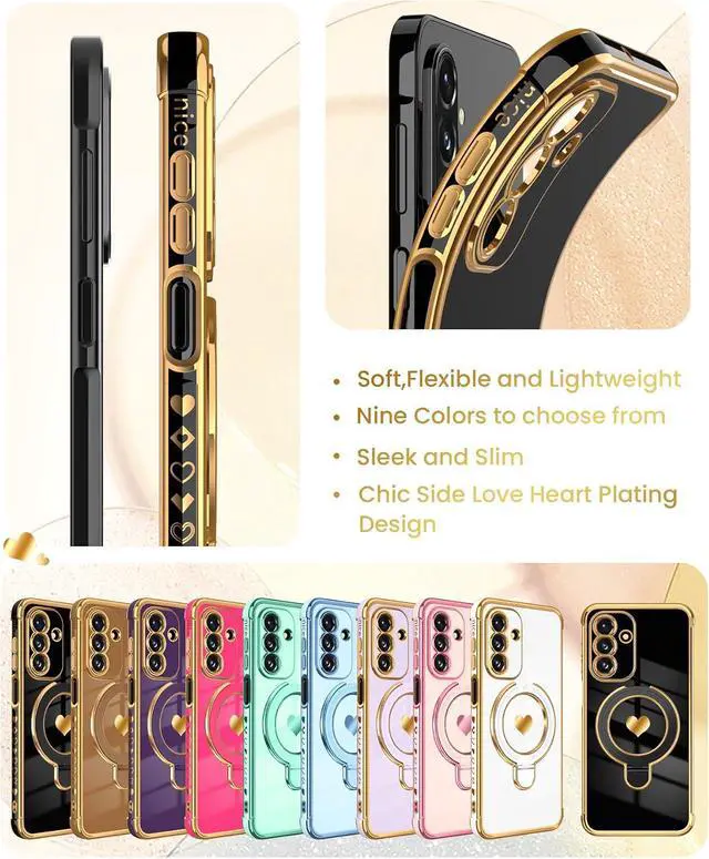 Alt view image 5 of 7 - Cute Plated Gold Phone Case for Galaxy A17/A26 5G - Black | Screen Protector+Ring Metal Kickstand Love Heart Pattern Soft TPU Full Camera Shockproof Protection Cover for Galaxy A17/A26
