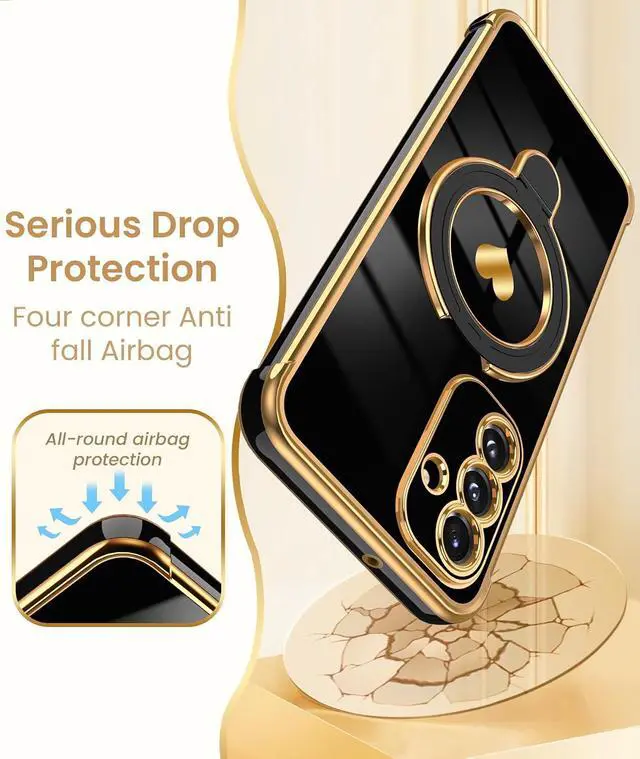 Alt view image 7 of 7 - Cute Plated Gold Phone Case for Galaxy A17/A26 5G - Black | Screen Protector+Ring Metal Kickstand Love Heart Pattern Soft TPU Full Camera Shockproof Protection Cover for Galaxy A17/A26