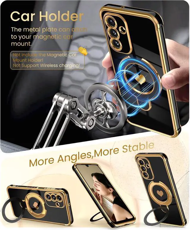 Alt view image 6 of 7 - Cute Plated Gold Phone Case for Galaxy A17/A26 5G - Black | Screen Protector+Ring Metal Kickstand Love Heart Pattern Soft TPU Full Camera Shockproof Protection Cover for Galaxy A17/A26