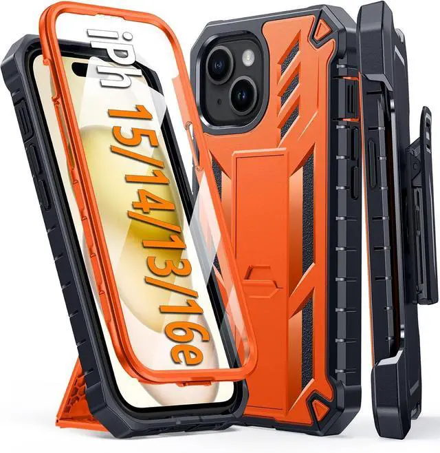 Main image of for iPhone 15/14/13 Case with Belt Clip Built-in Screen Protector | Rugged Kickstand 20FT Military-Grade Drop Protection Heavy Duty Shockproof Holster Full Protective Phone Cover Orange