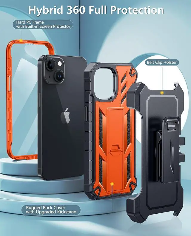 Alt view image 2 of 7 - for iPhone 15/14/13 Case with Belt Clip Built-in Screen Protector | Rugged Kickstand 20FT Military-Grade Drop Protection Heavy Duty Shockproof Holster Full Protective Phone Cover Orange