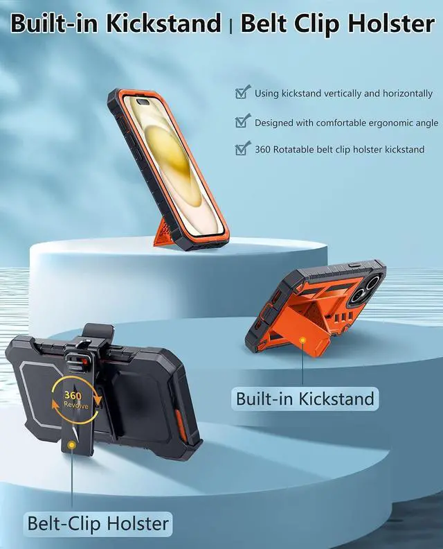 Alt view image 4 of 7 - for iPhone 15/14/13 Case with Belt Clip Built-in Screen Protector | Rugged Kickstand 20FT Military-Grade Drop Protection Heavy Duty Shockproof Holster Full Protective Phone Cover Orange
