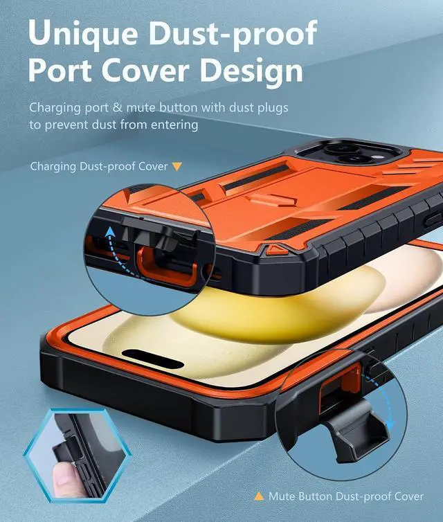 Alt view image 7 of 7 - for iPhone 15/14/13 Case with Belt Clip Built-in Screen Protector | Rugged Kickstand 20FT Military-Grade Drop Protection Heavy Duty Shockproof Holster Full Protective Phone Cover Orange
