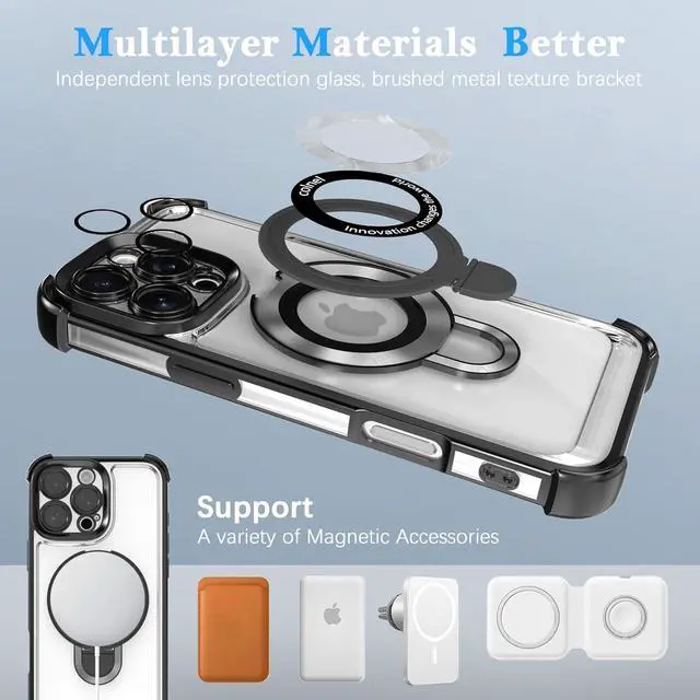 Alt view image 5 of 7 - for iPhone 11 Pro Case with Strong Magnetic Ring Stand Military-Grade Shockproof 4 Airbag Corners Protective Fit for MagSafe Kickstand Phone Case for iPhone 11 Pro - Black