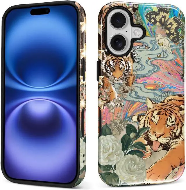 Main image of Case for iPhone 17 Hybrid Heavy Duty 2 in 1 Full Body Rugged Shockproof Protection Glossy Case for iPhone 17 Fun Tiger Butterfly Collage