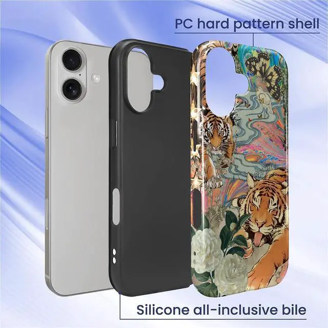 Alt view image 2 of 7 - Case for iPhone 17 Hybrid Heavy Duty 2 in 1 Full Body Rugged Shockproof Protection Glossy Case for iPhone 17 Fun Tiger Butterfly Collage