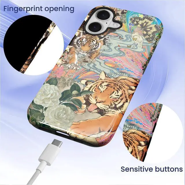 Alt view image 3 of 7 - Case for iPhone 17 Hybrid Heavy Duty 2 in 1 Full Body Rugged Shockproof Protection Glossy Case for iPhone 17 Fun Tiger Butterfly Collage