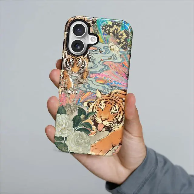 Alt view image 4 of 7 - Case for iPhone 17 Hybrid Heavy Duty 2 in 1 Full Body Rugged Shockproof Protection Glossy Case for iPhone 17 Fun Tiger Butterfly Collage