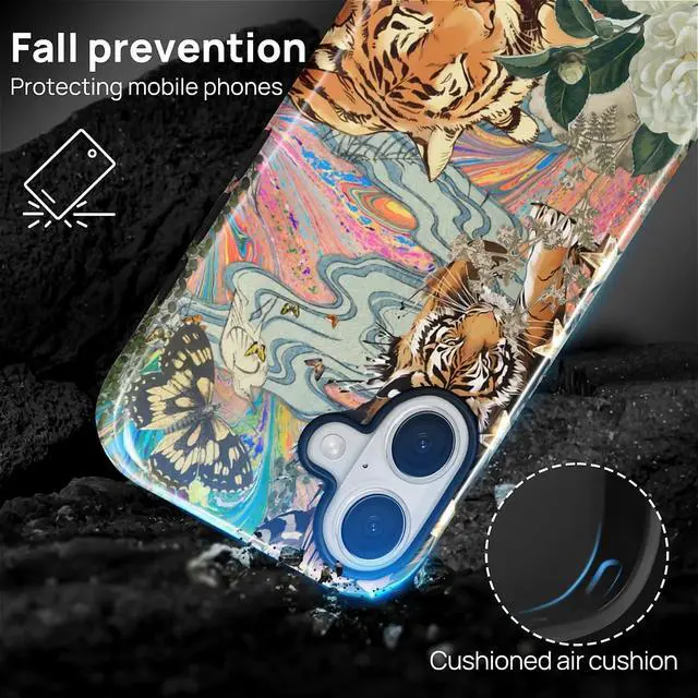 Alt view image 5 of 7 - Case for iPhone 17 Hybrid Heavy Duty 2 in 1 Full Body Rugged Shockproof Protection Glossy Case for iPhone 17 Fun Tiger Butterfly Collage