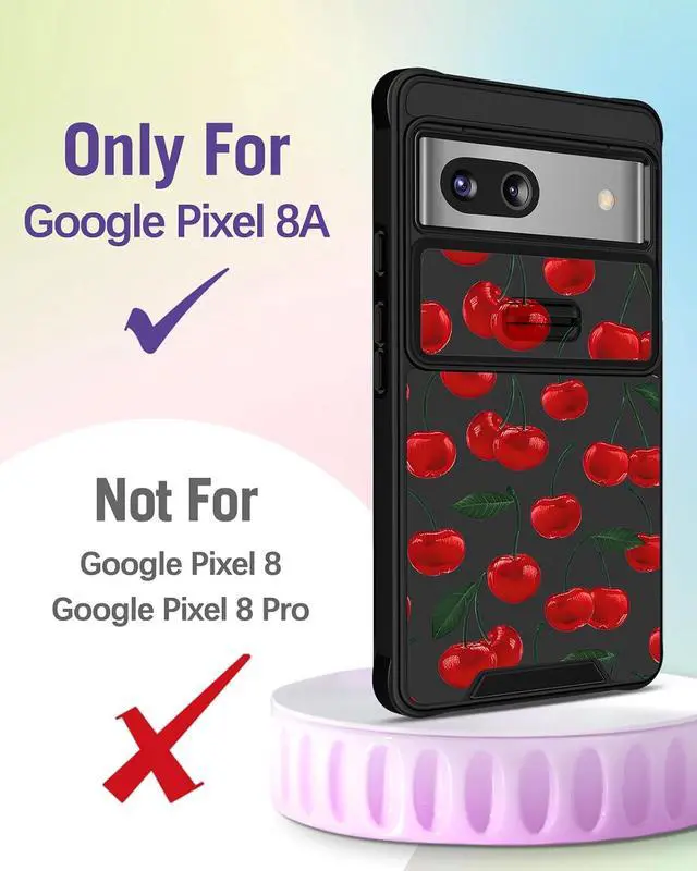 Alt view image 2 of 6 - for Google Pixel 8A Case 6.1 Inch - with Ring Stand & Camera Cover Aesthetic Cute Designed for Women Girls Girly Pretty Kawaii Cherry Unique for Pixel 8A Phone Case Compatible with Magsafe