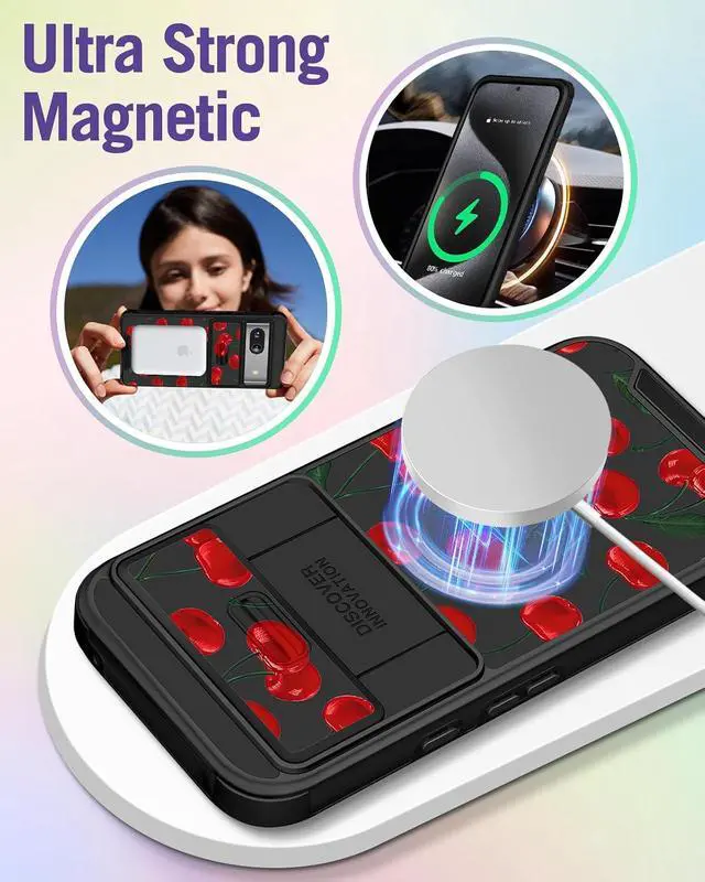 Alt view image 4 of 6 - for Google Pixel 8A Case 6.1 Inch - with Ring Stand & Camera Cover Aesthetic Cute Designed for Women Girls Girly Pretty Kawaii Cherry Unique for Pixel 8A Phone Case Compatible with Magsafe