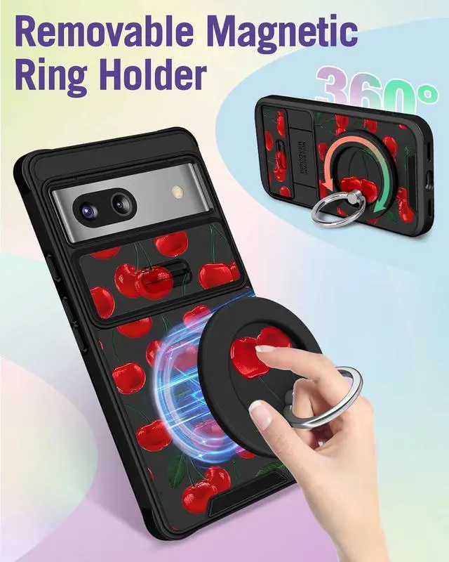 Alt view image 5 of 6 - for Google Pixel 8A Case 6.1 Inch - with Ring Stand & Camera Cover Aesthetic Cute Designed for Women Girls Girly Pretty Kawaii Cherry Unique for Pixel 8A Phone Case Compatible with Magsafe