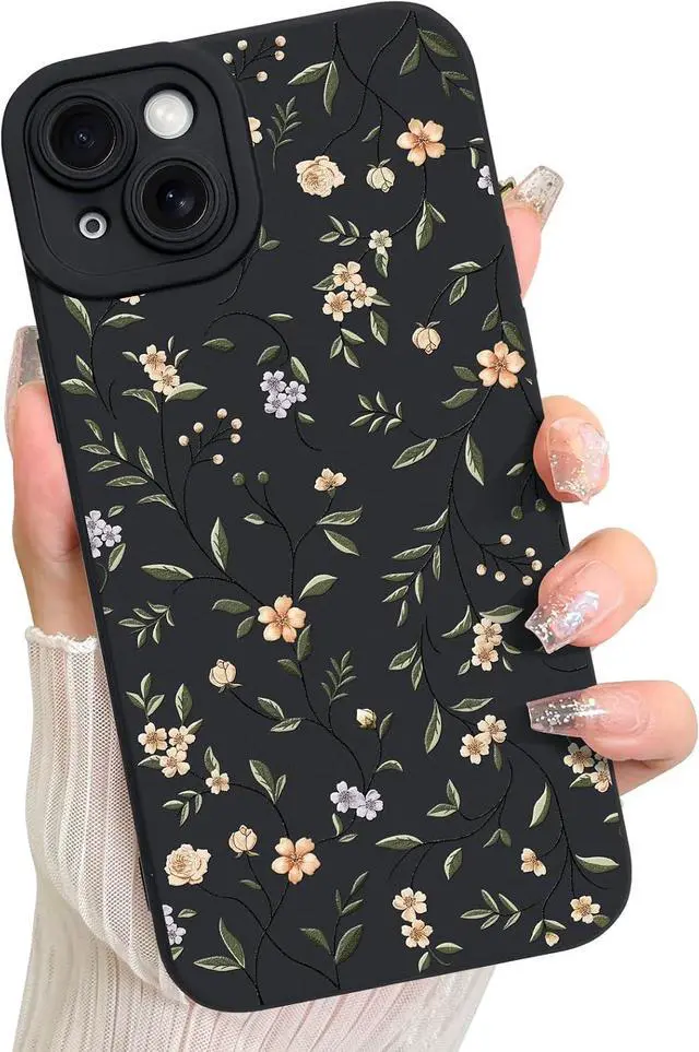 Main image of Case for iPhone 15 Colorful Floral Pattern Print Design | Soft TPU Full Camera Lens Anti-Drop Anti-Scratch Shockproof Protective Slim Black Cover for Women Girls