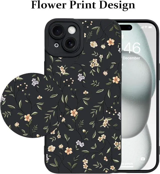 Alt view image 3 of 6 - Case for iPhone 15 Colorful Floral Pattern Print Design | Soft TPU Full Camera Lens Anti-Drop Anti-Scratch Shockproof Protective Slim Black Cover for Women Girls