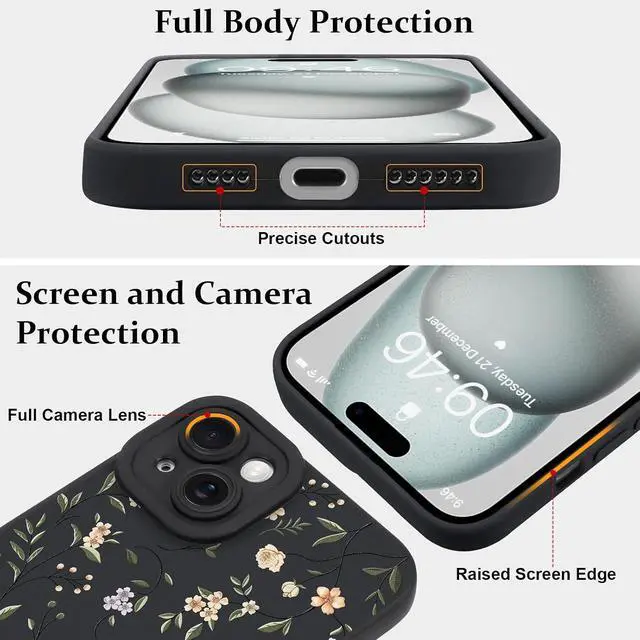 Alt view image 4 of 6 - Case for iPhone 15 Colorful Floral Pattern Print Design | Soft TPU Full Camera Lens Anti-Drop Anti-Scratch Shockproof Protective Slim Black Cover for Women Girls