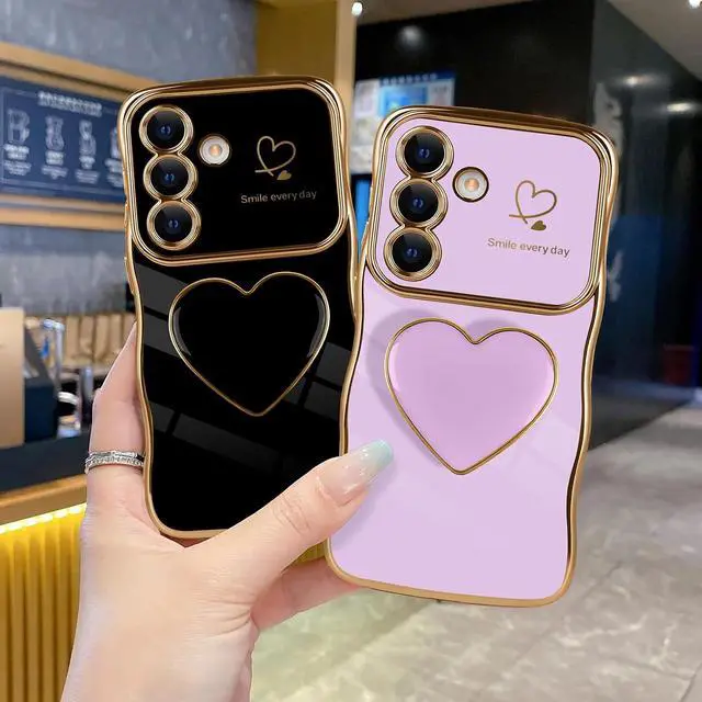 Alt view image 2 of 7 - for Galaxy S26 Love-Heart Holder Case Cute Purple Luxury Wave Frame Curly Shape with Love Heart Kickstand Case Plating Soft Shockproof Bumper TPU Protective Cover for Women Girls