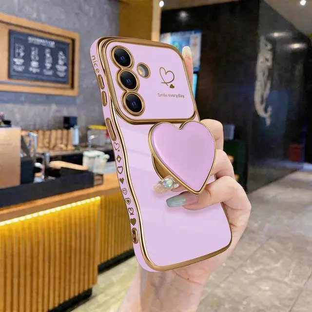 Alt view image 3 of 7 - for Galaxy S26 Love-Heart Holder Case Cute Purple Luxury Wave Frame Curly Shape with Love Heart Kickstand Case Plating Soft Shockproof Bumper TPU Protective Cover for Women Girls