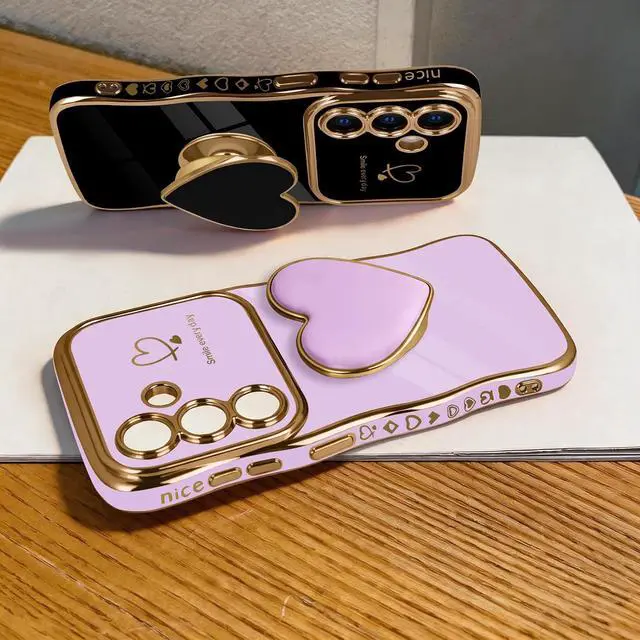 Alt view image 5 of 7 - for Galaxy S26 Love-Heart Holder Case Cute Purple Luxury Wave Frame Curly Shape with Love Heart Kickstand Case Plating Soft Shockproof Bumper TPU Protective Cover for Women Girls