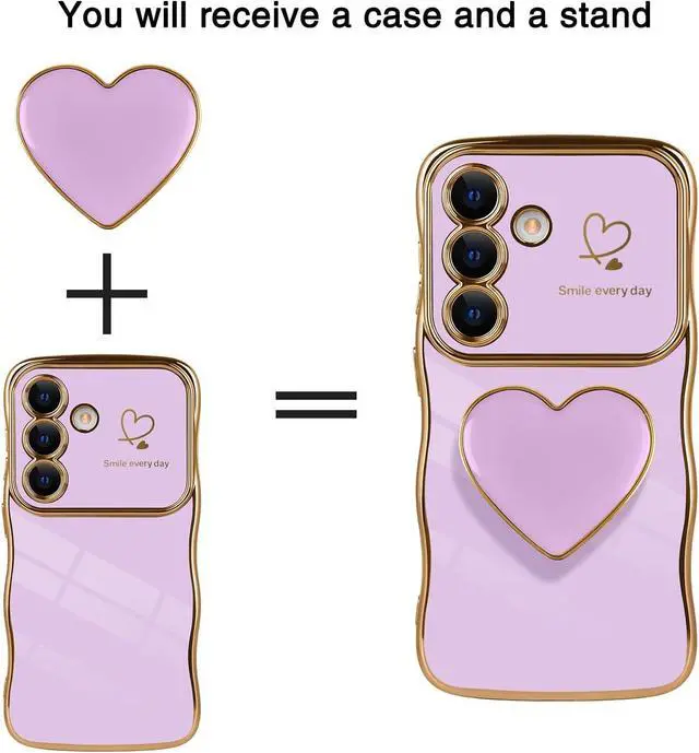 Alt view image 6 of 7 - for Galaxy S26 Love-Heart Holder Case Cute Purple Luxury Wave Frame Curly Shape with Love Heart Kickstand Case Plating Soft Shockproof Bumper TPU Protective Cover for Women Girls