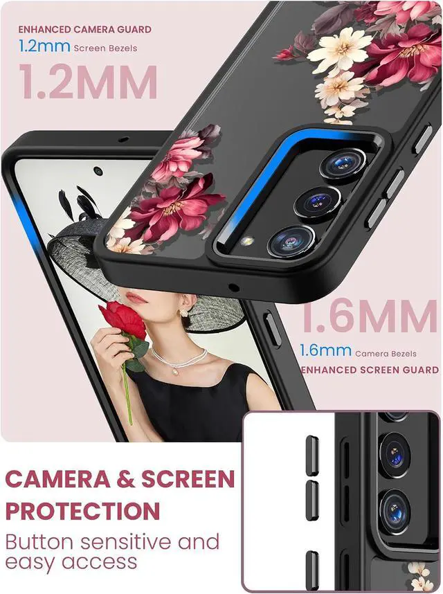 Alt view image 3 of 7 - for Galaxy S23 5G Case Floral Military Grade Drop Tested Hard Back & Soft Edge Slim Flower Women Girls Phone Protective Cover + Tempered Glass Screen Protector for Galaxy S23 (Black)