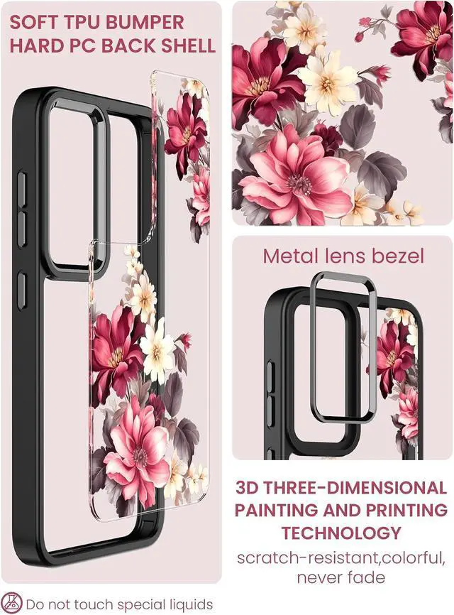 Alt view image 4 of 7 - for Galaxy S23 5G Case Floral Military Grade Drop Tested Hard Back & Soft Edge Slim Flower Women Girls Phone Protective Cover + Tempered Glass Screen Protector for Galaxy S23 (Black)