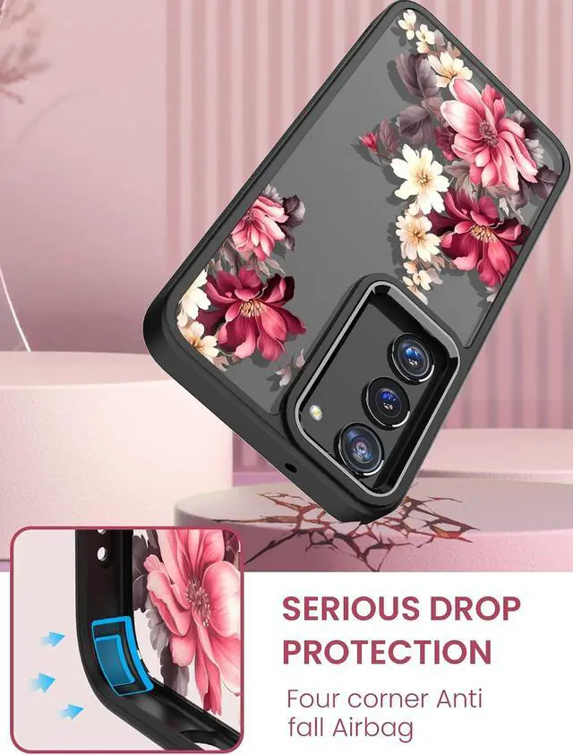 Alt view image 7 of 7 - for Galaxy S23 5G Case Floral Military Grade Drop Tested Hard Back & Soft Edge Slim Flower Women Girls Phone Protective Cover + Tempered Glass Screen Protector for Galaxy S23 (Black)