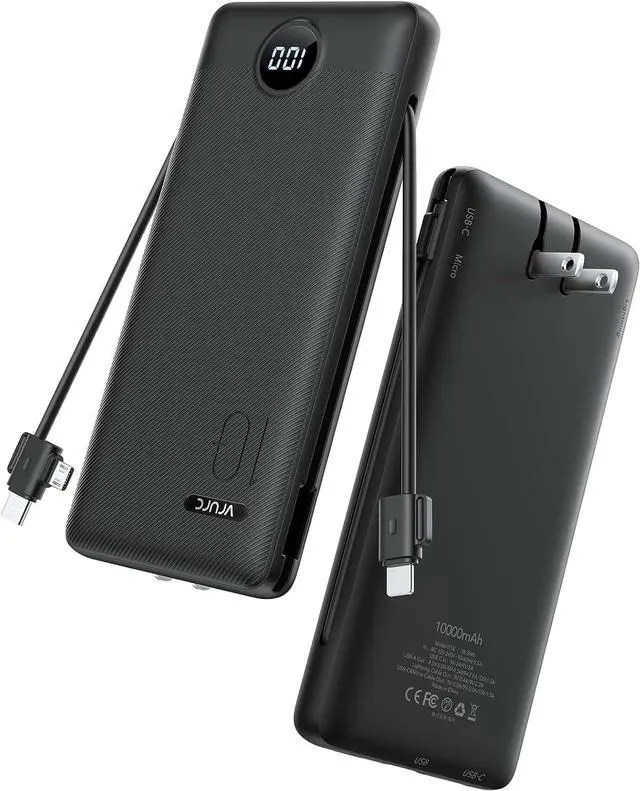 Main image of 10000mAh 22.5W Portable Charger AC Plug & Built-in Cables Black | Slim battery pack PD 20W fast charging for business travel compatible with iPhone &