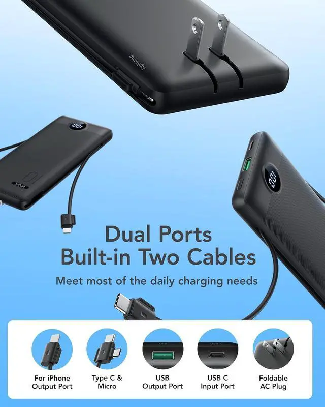 Alt view image 2 of 7 - 10000mAh 22.5W Portable Charger AC Plug & Built-in Cables Black | Slim battery pack PD 20W fast charging for business travel compatible with iPhone &
