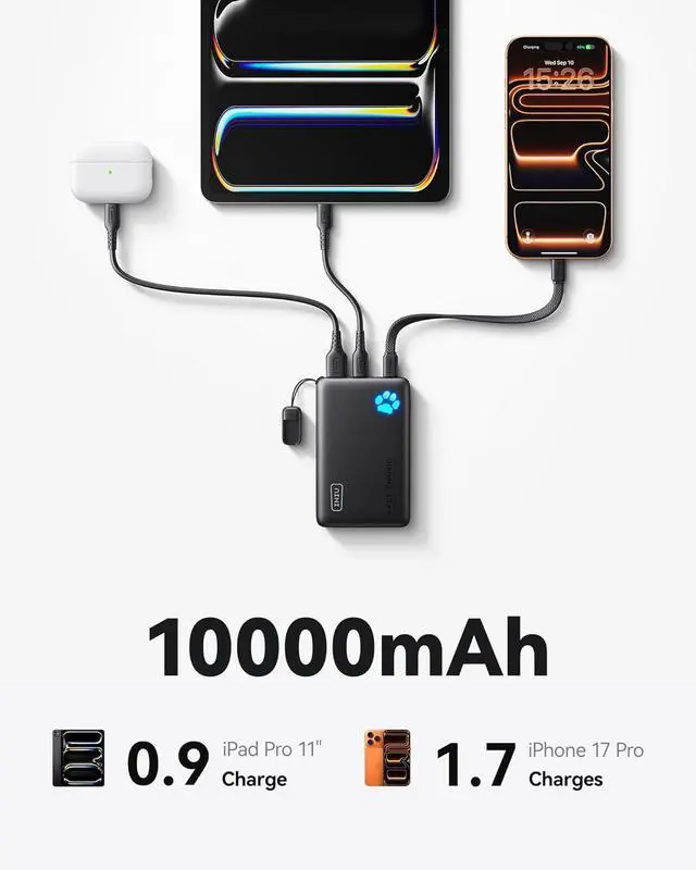 Alt view image 5 of 7 - 45W Fast Charging Portable Charger Smaller 10000mAh Travel Power Bank | Flight-Safe Detachable USB C Cable Travel Essential External Battery Phone Pack for iPhone 17 S26 iPad etc