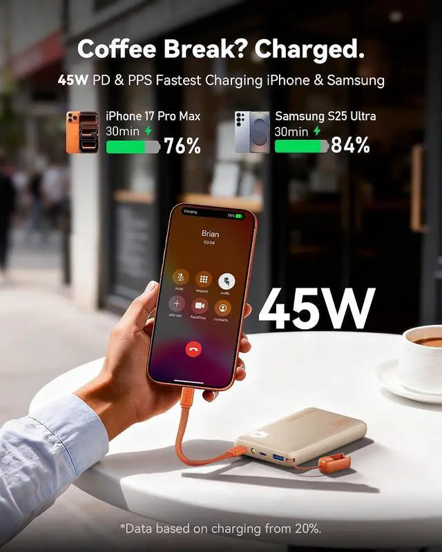 Alt view image 3 of 7 - 45W Fast Charging Portable Charger Smaller 10000mAh Travel Power Bank | Flight-Safe Detachable USB C Cable Travel Essential External Battery Phone Pack for iPhone 17 S26 iPad etc Beige