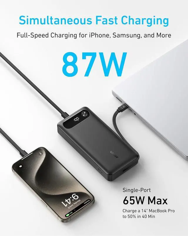 Alt view image 2 of 7 - Power Bank 20 000mAh Travel Essential Built-in USB-C Cable(Black) | 1 USB-C and 1 USB-A port for MacBook Pro/Air iPhone 17/16/15/14 Switch and more