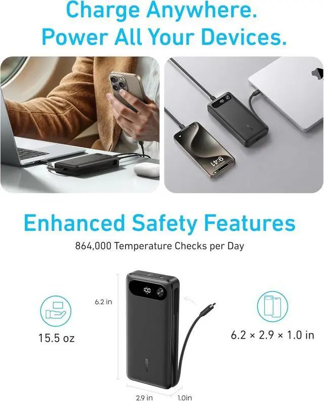 Alt view image 6 of 7 - Power Bank 20 000mAh Travel Essential Built-in USB-C Cable(Black) | 1 USB-C and 1 USB-A port for MacBook Pro/Air iPhone 17/16/15/14 Switch and more
