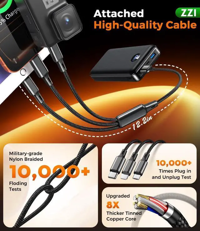 Alt view image 6 of 7 - Portable Charger Power Bank 60000mAh 22.5W PD Fast-Charge Battery Pack | Charge 5 Devices 3-Ports & 3 in 1 Cable 60% in 30min 10 times for iPhone Fit All Cell Phone/Tablets Camping/Travel/Outage