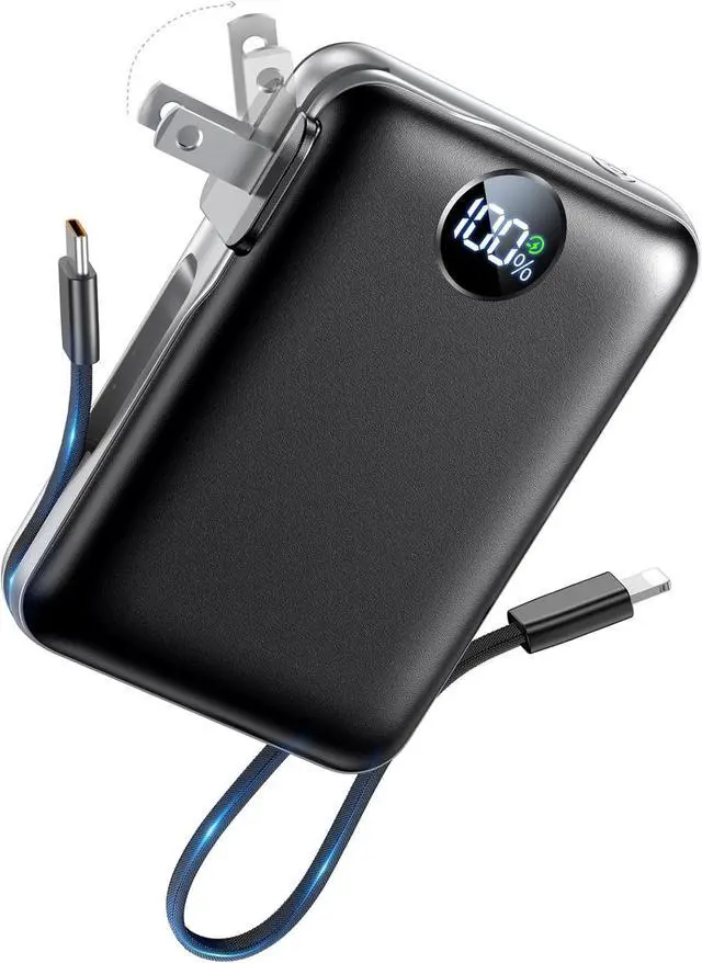 Main image of Portable Charger Power Bank 10000mAh 45% Smaller Built-in Cables & AC Plug | Built-in Cables & AC Plug 22.5W Fast Charging 4-Device Charging Travel Essential for iPhone iPad & Galaxy Black